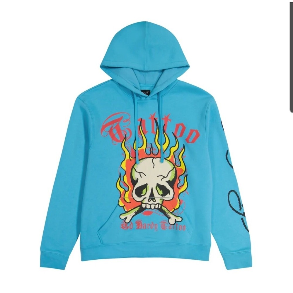 Ed Hardy Hoodie Mens Medium Baby Blue Pullover Flaming Skull Tattoo Fire